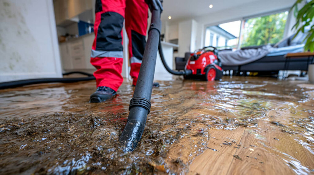 Worker vacuuming floodwater from a living room floor.