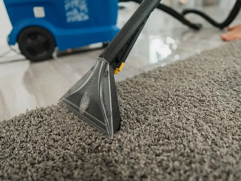 Carpet being cleaned with a vacuum extractor.