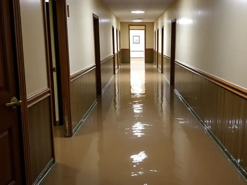 Flooded hallway in a building.