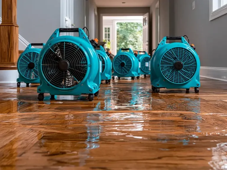 Several blue floor fans drying a flooded hallway.