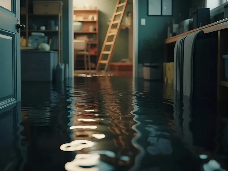 Flooded room with water covering the floor and a ladder in the background.
