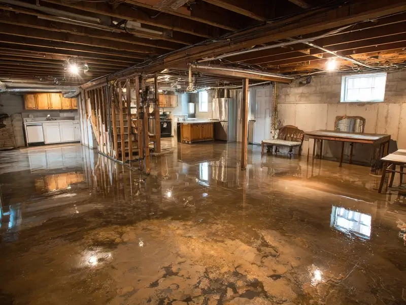 Flooded basement with standing water and exposed ceiling beams.
