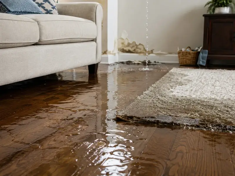 Living room floor flooded with water from a leak.