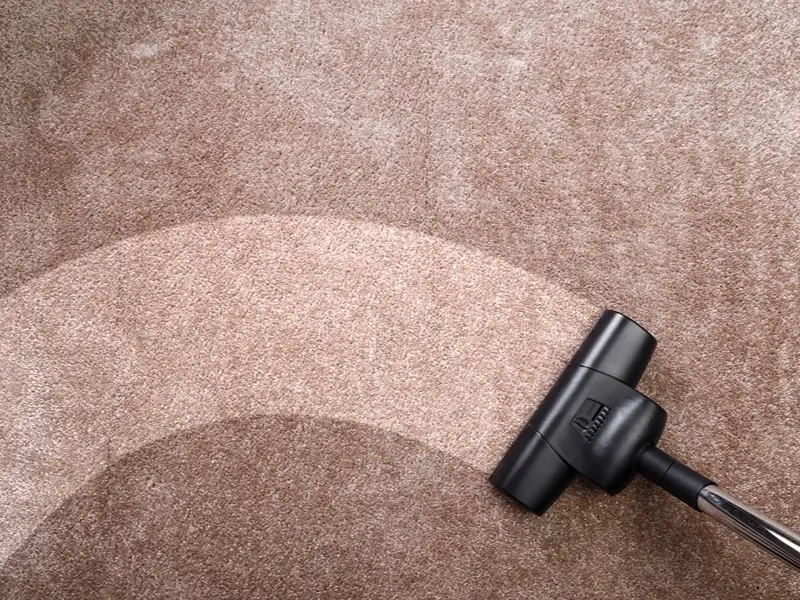 Vacuum cleaner head on beige carpet.