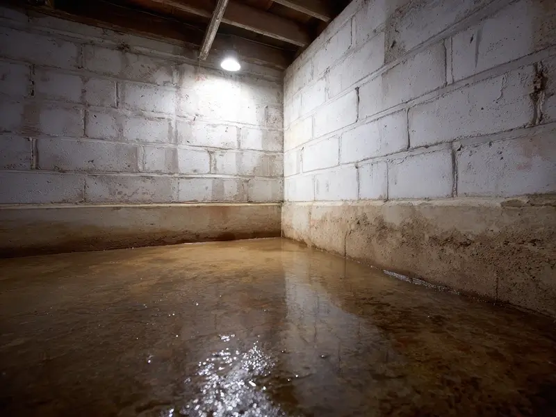 Flooded basement with cinderblock walls and standing water.