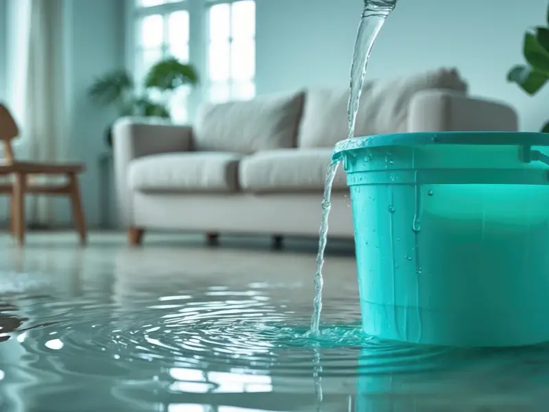 Water pouring into a bucket on a flooded living room floor.