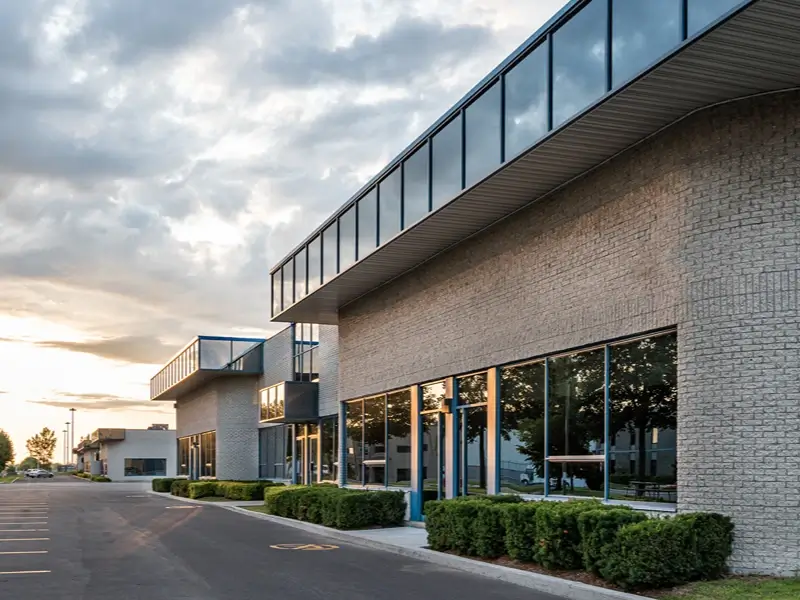 Modern commercial building with glass windows and brick exterior at sunset.