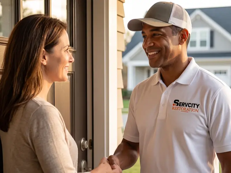 Homeowner shaking hands with a restoration worker at the front door.