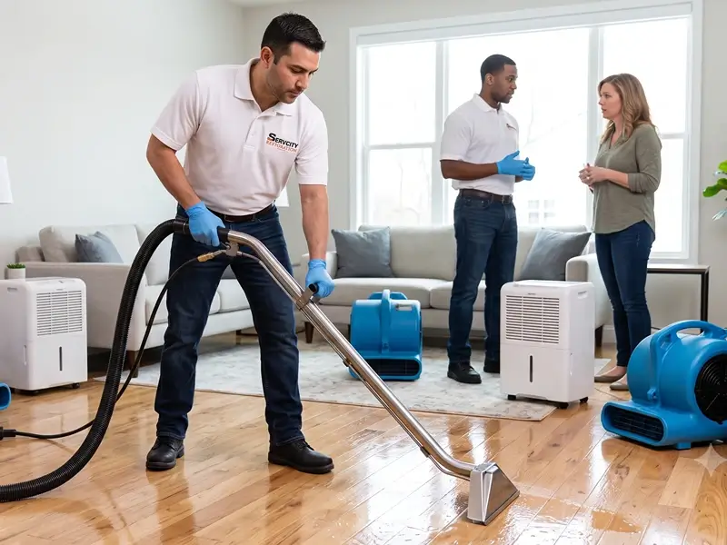 Technician cleaning water from a flooded living room with drying equipment.