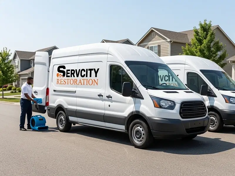 Restoration worker beside service vans on a suburban street.