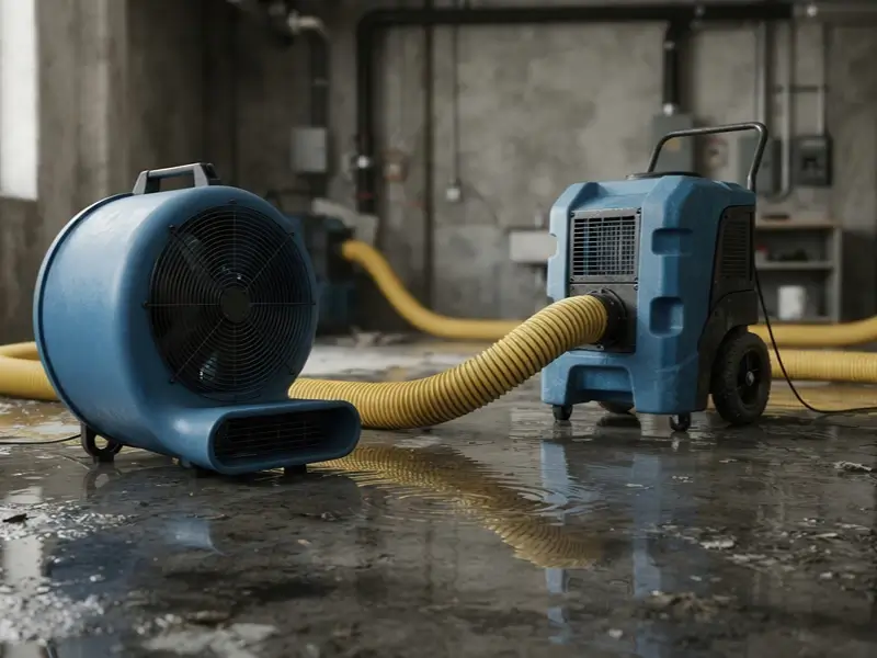 Two blue industrial fans connected by a yellow hose in a wet basement.